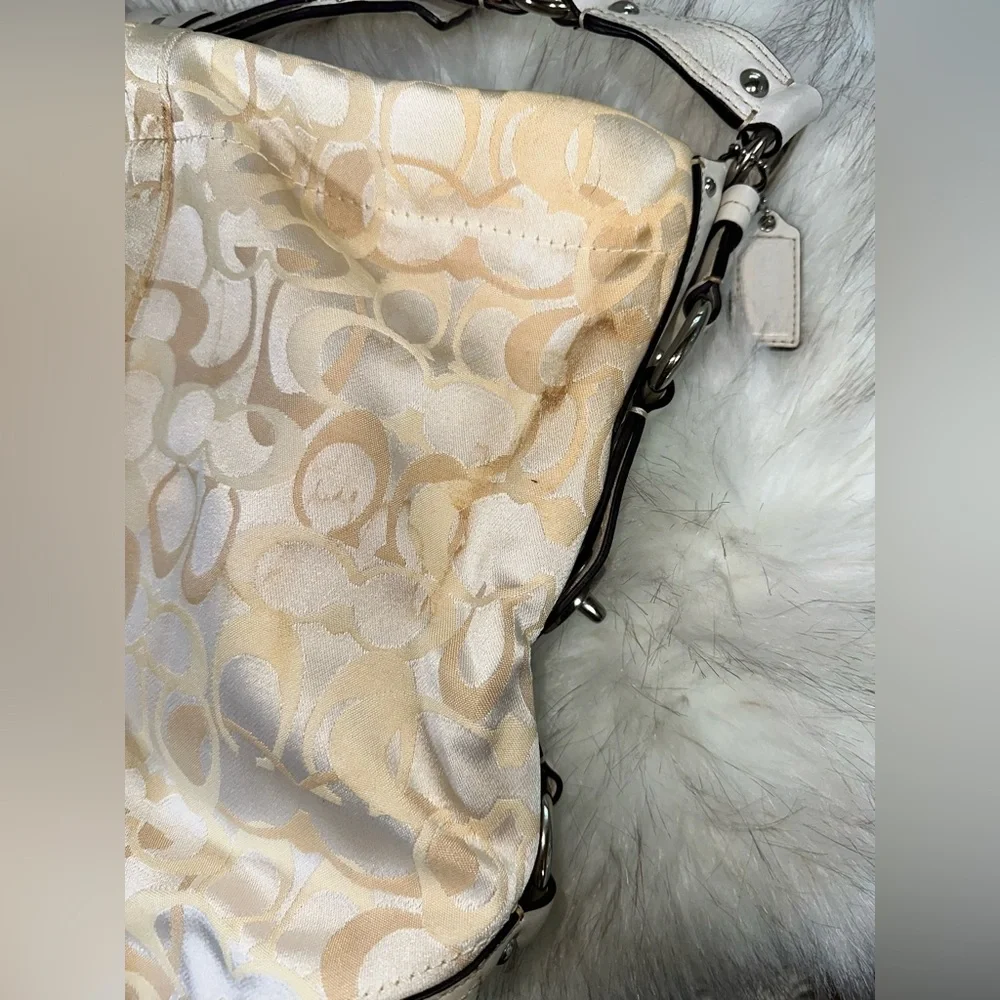 COACH Pearl White + Beige Canvas and Leather Carly Hobo Bag No H09873-F13981 - Picture 6 of 16